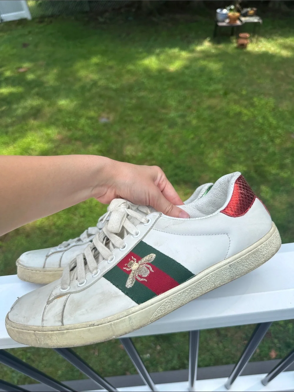 Gucci White Leather Sneakers with Red & Green Stripe and Metallic Heel Accents